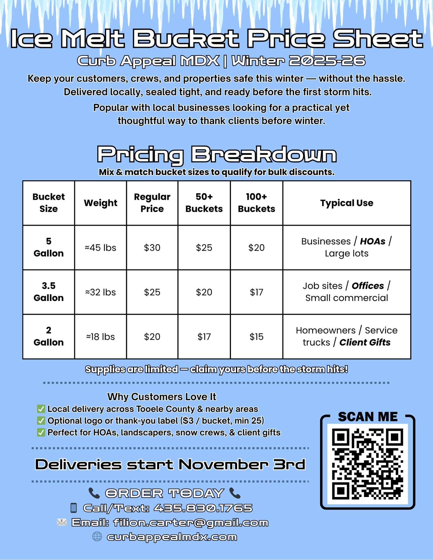 Curb Appeal MDX ice melt bucket prices and delivery details for Tooele County businesses and homeowners